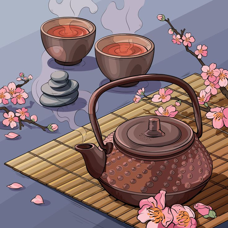 Painting of Chinese Tea Ceremony with Tea Pot and Ceremonial Tea Cups