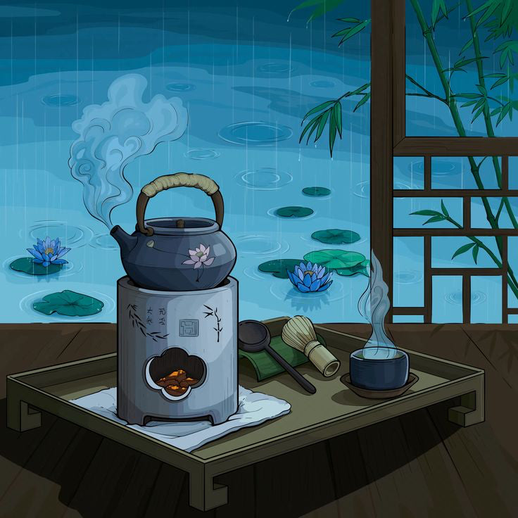 Painting of tea pot steeping tea on a rainy day