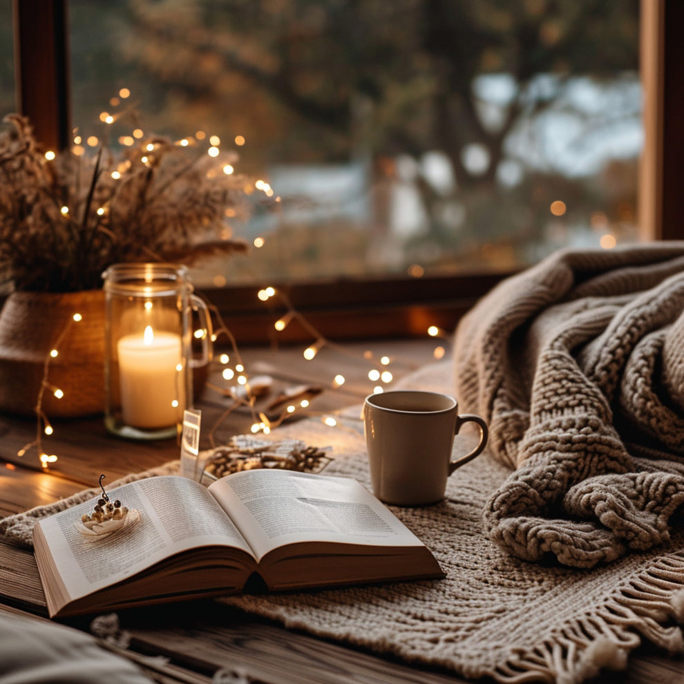 hygge lifestyle with tea and a book