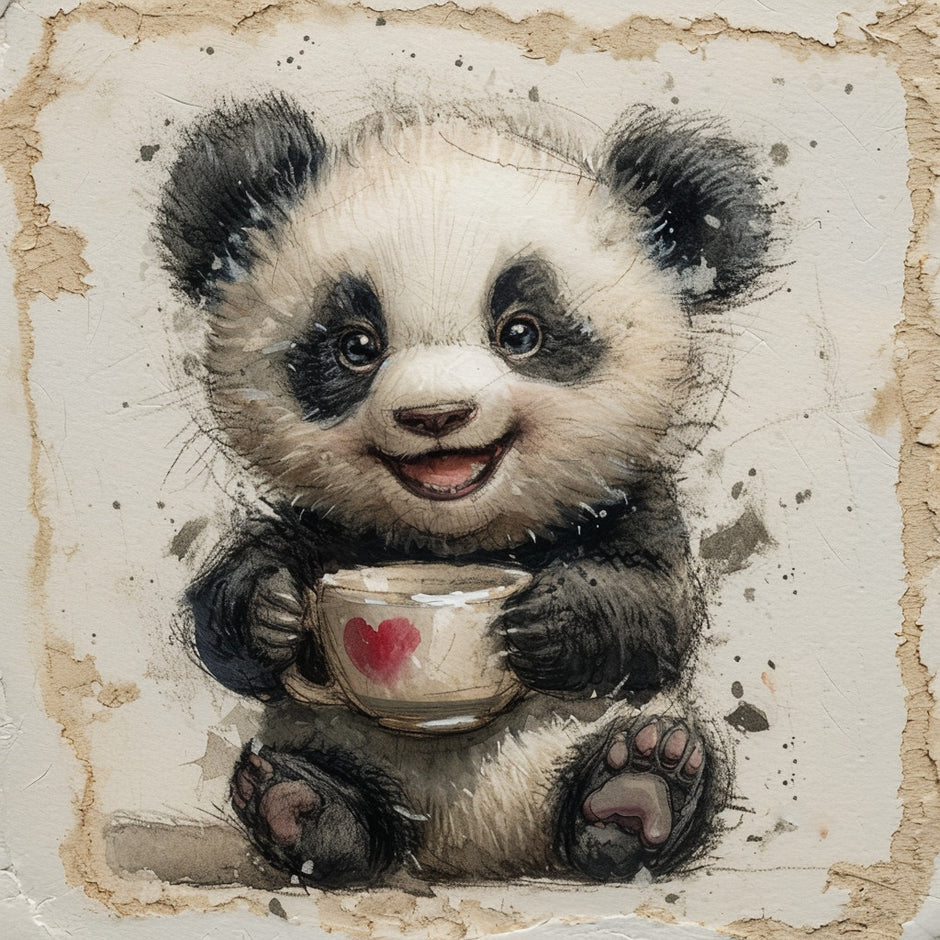 hygge panda holding a tea cup with love