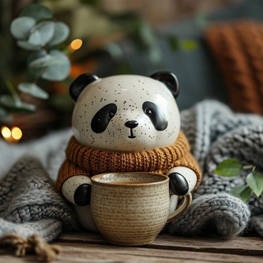 Ceramic hygge panda holding tea cup