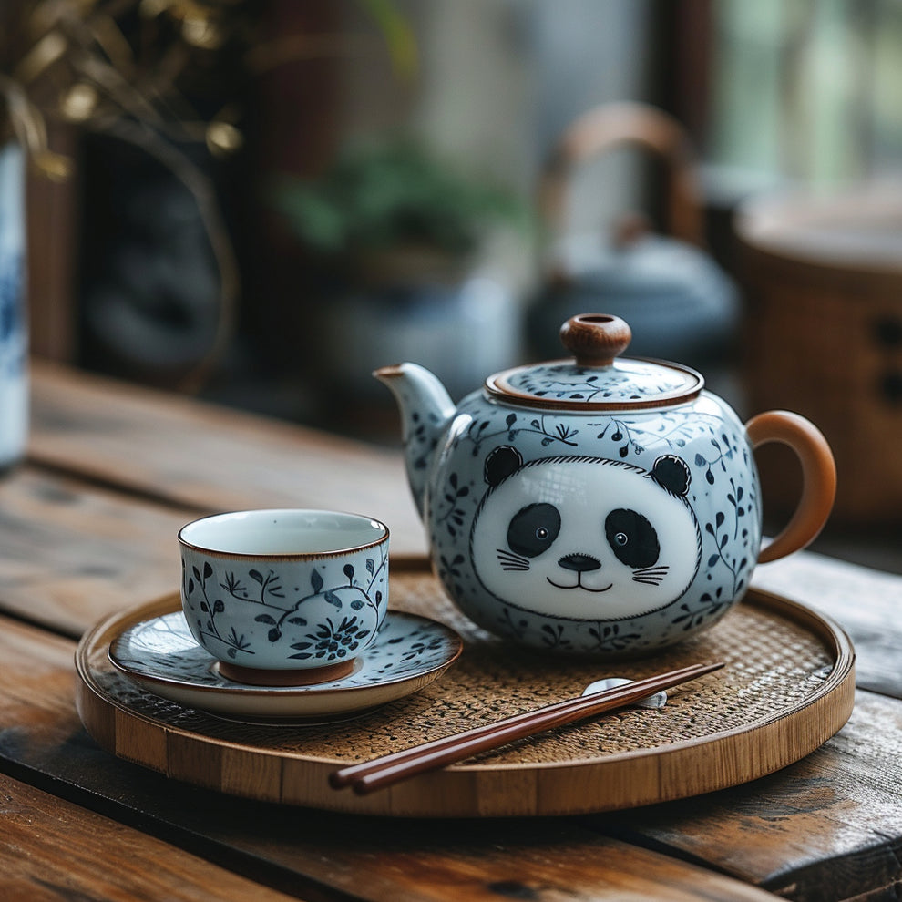 hygge panda tea pot with tea cup and tea tray