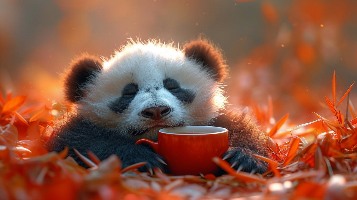 hygge panda relaxing with tea cup