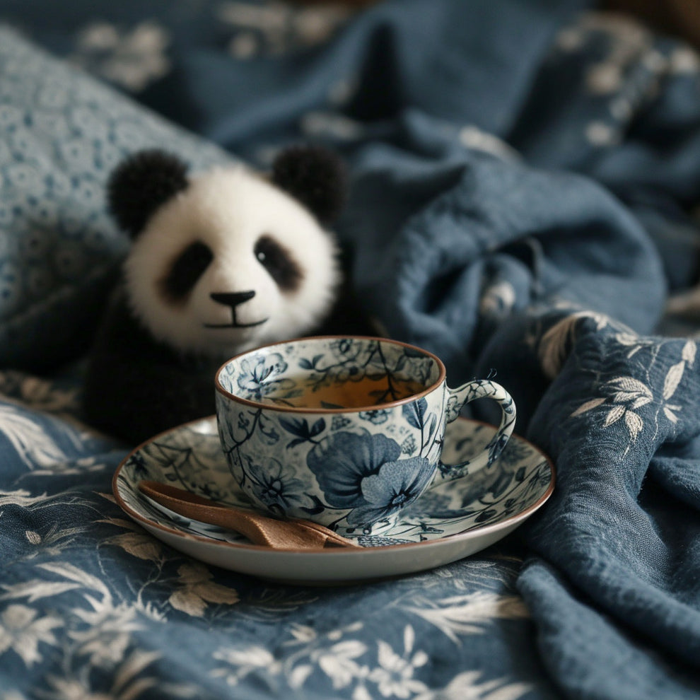 cozy hygge panda with tea cup and saucer